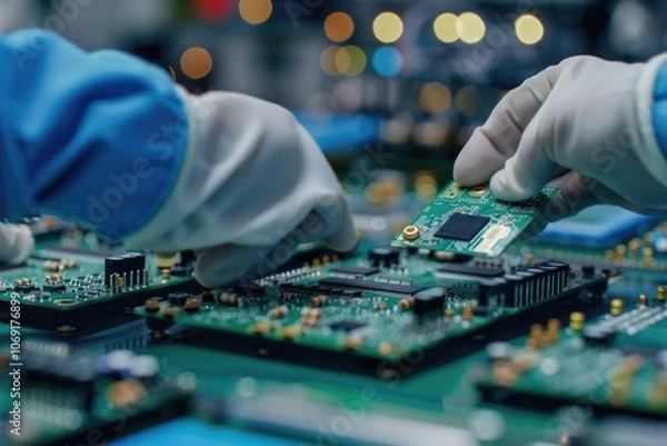 Fototapeta Electronics factory workers assembling circuit boards in high tech facility.