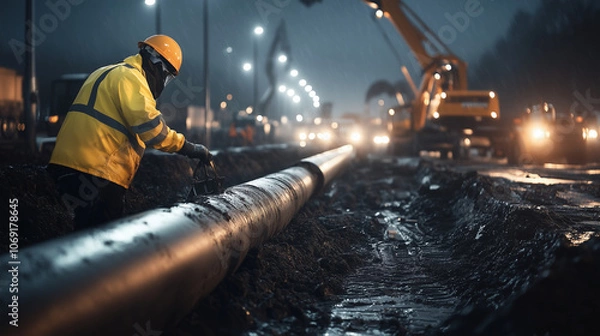 Fototapeta Workers in protective gear carefully positioning large metal pipes into a trench, illuminated by construction lights, creating a scene of diligent infrastructure development.
