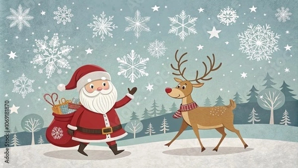 Fototapeta Santa Claus, with a bag of presents, walks through a snowy forest with a reindeer. Snowflakes fall from the sky, creating a magical winter scene. The image symbolizes Christmas cheer, holiday spirit, 
