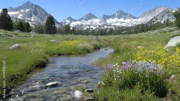 Fototapeta An alpine meadow with wildflowers, snow-capped peaks, and a clear stream.