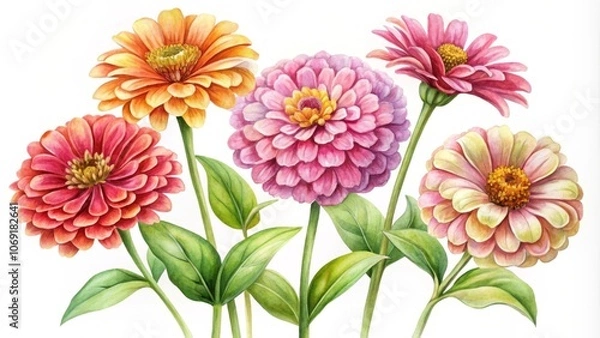Fototapeta A watercolor painting of five colorful zinnia flowers in bloom, representing beauty, growth, happiness, nature and summer.