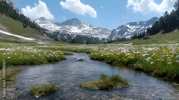 Fototapeta An alpine meadow with wildflowers, snow-capped peaks, and a clear stream.