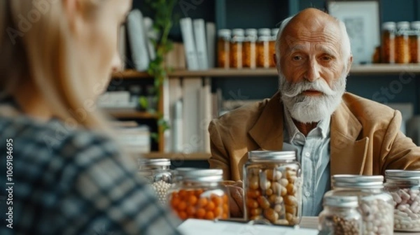 Fototapeta Senior Man Discussing Herbal Supplements in Rustic Apothecary. Generative ai