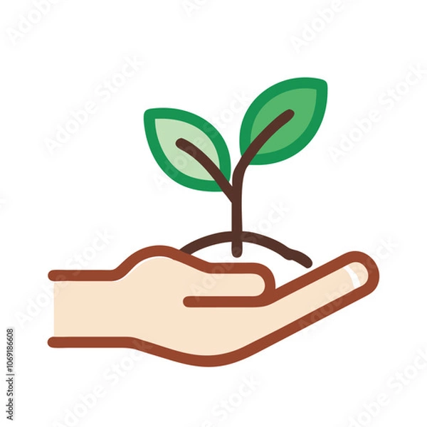 Fototapeta Hand Holding Growing Plant Icon, Illustration of a hand holding a small plant with green leaves, symbolizing growth, nurturing, and environmental care, ideal for eco-friendly themes.
