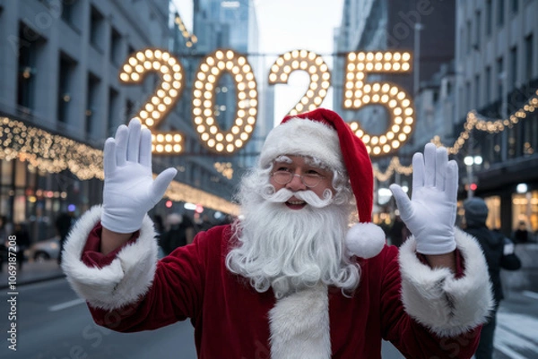 Obraz Santa Claus Wishing Everyone a Happy 2025 in a Festive Street