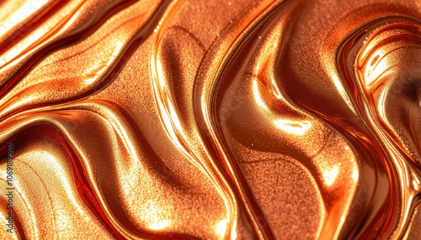 Fototapeta Liquid copper background with smooth, flowing textures and shiny metallic finish, creating warm and vibrant visual effect