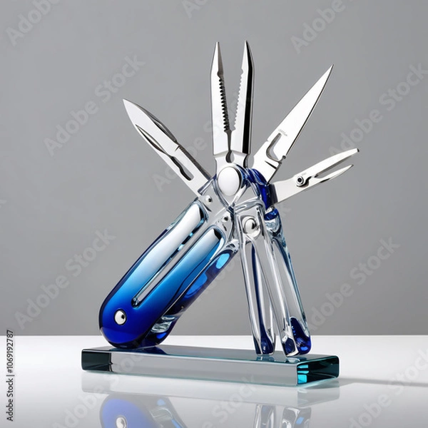 Fototapeta Glass Sculpture of Multitool with Intricate Details, Gradient from Blue to Silver, Modern and Elegant Design, Generative AI