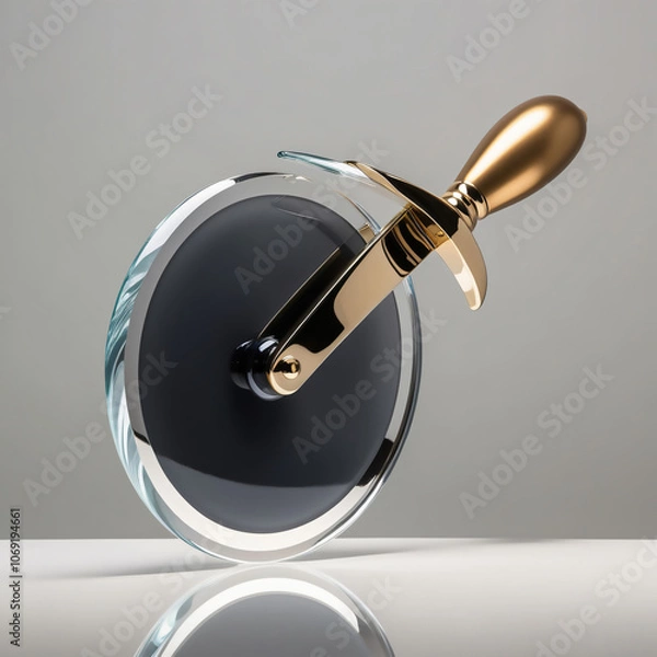 Fototapeta Glass sculpture of a pizza cutter with silver-to-gray gradient wheel and gold handle on light gray background, generative ai