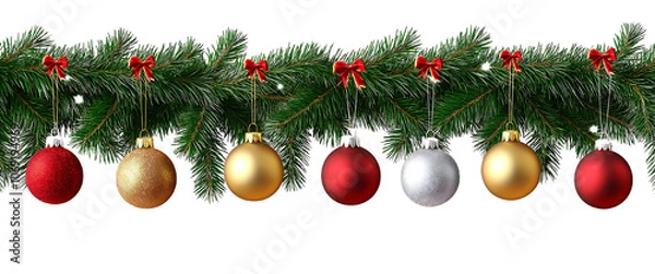 Fototapeta Beautifully decorated Christmas garland featuring shiny ornaments in red, gold, silver, and glitter hanging on a bright background. Isolated on transparent background, png.