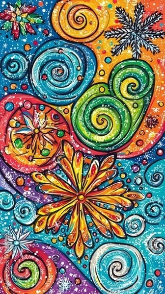 Fototapeta Celebrate christmas with vibrant swirls and snowflakes in a festive artwork