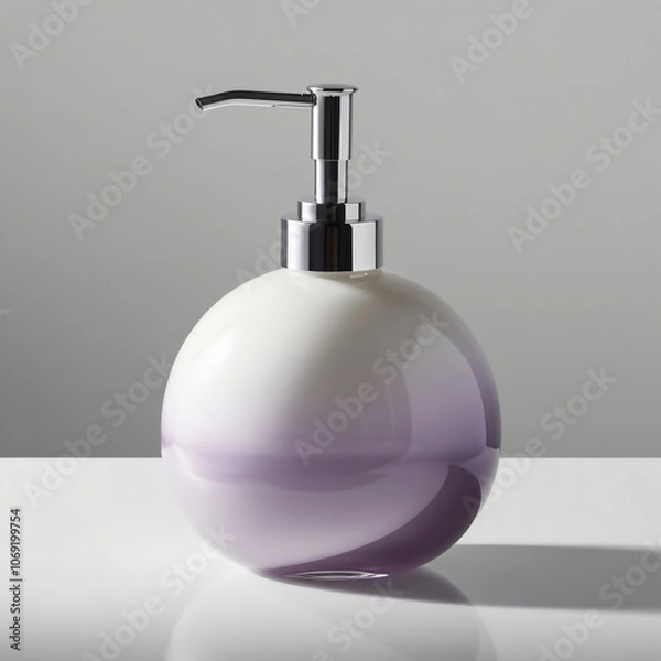 Fototapeta Glass sculpture of a soap dispenser with lavender gradient body and silver-tinted pump on light gray background, generative ai