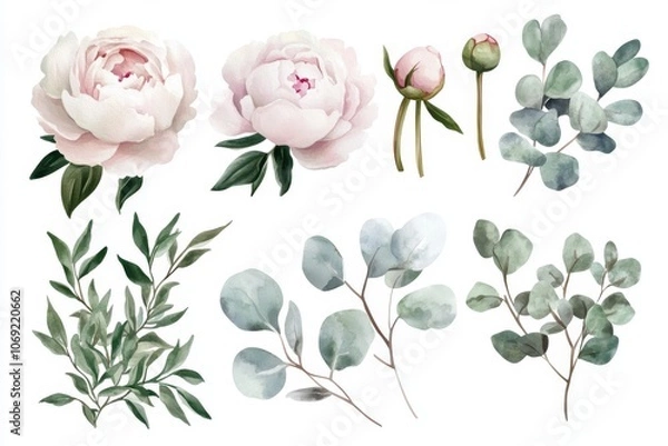 Obraz Set of watercolor illustrations with light pink peons and buds. Botanical illustration on white background for wedding, congratulations, wallpapers, fashion, backdrops, wrappers, 