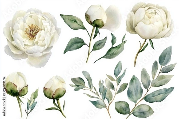 Obraz Set of watercolor illustrations with white peons and buds. Botanical illustration on white background for wedding, congratulations, wallpapers, fashion, backdrops, wrappers, print