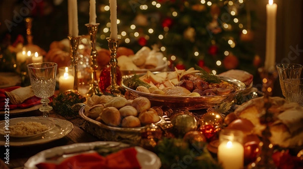Obraz Christmas Holiday Feast Table Decorated with Traditional Food and Festive Candles