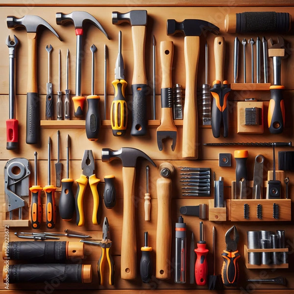 Fototapeta ภาพระยะใกล้ของเครื่องมือช่างที่จัดเรียงอย่างเรียบร้อยบนผนังไม้ อาทิ ค้อน ไขควง และเครื่องมืออื่น ๆ ที่มีรายละเอียดการใช้งานชัดเจน