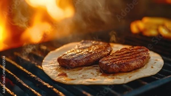 Fototapeta Sizzling steak on a hot grill with flames and smoke