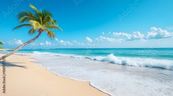 Obraz Quiet beach with pristine white sand, gentle waves caressing the shore, and a solitary palm tree leaning gracefully over the tranquil water