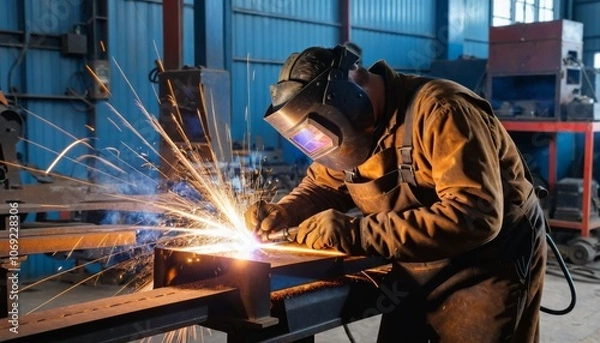 Fototapeta The welder works in the workshop. The moment of welding of metal structures. Beautiful sparks during welding of various metal elements in the workshop
