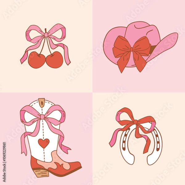 Obraz Set of western cowgirl boots hat and cherry with bow. Hand drawn vector romantic girly rodeo clipart. EPS 10 vector file.