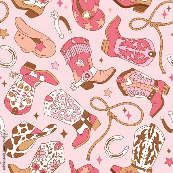 Fototapeta Seamless vector pattern with western cowgirl boots. Hand drawn girly rodeo background. EPS 10 vector file. Perfect for textile, wallpaper or nursery print design.