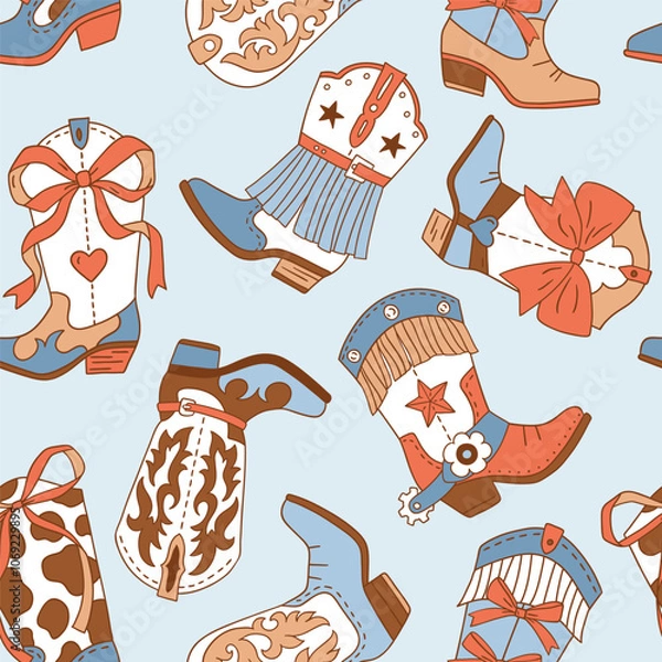 Fototapeta Seamless vector pattern with western cowgirl boots. Hand drawn girly rodeo background. EPS 10 vector file. Perfect for textile, wallpaper or nursery print design.
