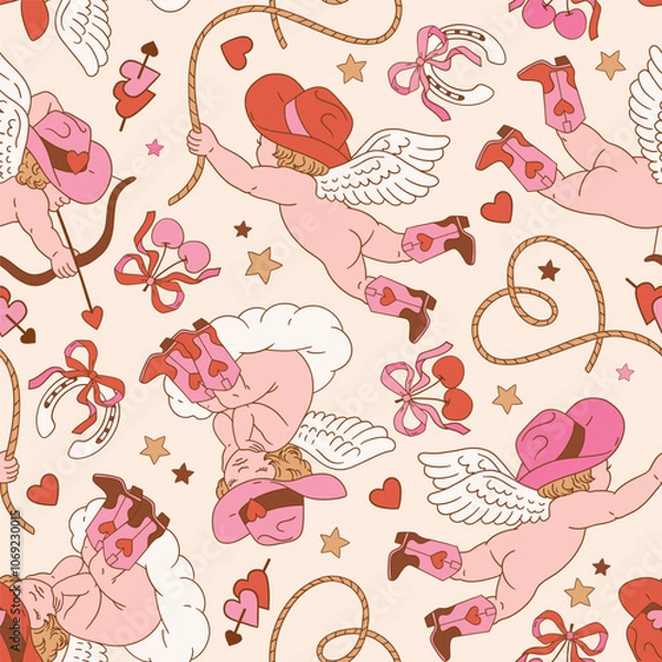 Obraz Seamless vector pattern with Valentine cupid in western cowboy boots. Hand drawn cute angel background. EPS 10 vector file. Perfect for textile, wallpaper or nursery print design.