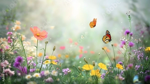 Fototapeta Quiet meadow filled with colorful wildflowers, butterflies fluttering about, and a soft, warm breeze. This serene scene captures the gentle beauty of nature in a tranquil setting.
