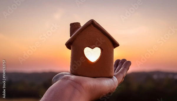 Obraz Miniature clay house with heart shape window. Sweet home concept. Family warmth, love and protection