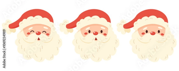 Fototapeta Set of Santa Claus heads with different emotions. Christmas and New Year theme. Kawaii cartoon character on white background. Vector illustration.
