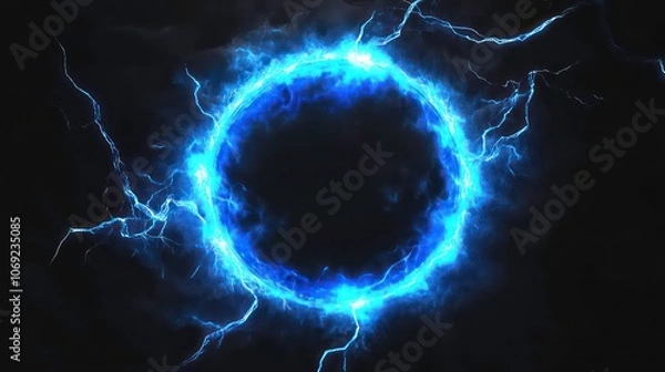 Fototapeta Electric blue hologram isolated on transparent, circles lightning round frame with plasma portal layer overlay on black