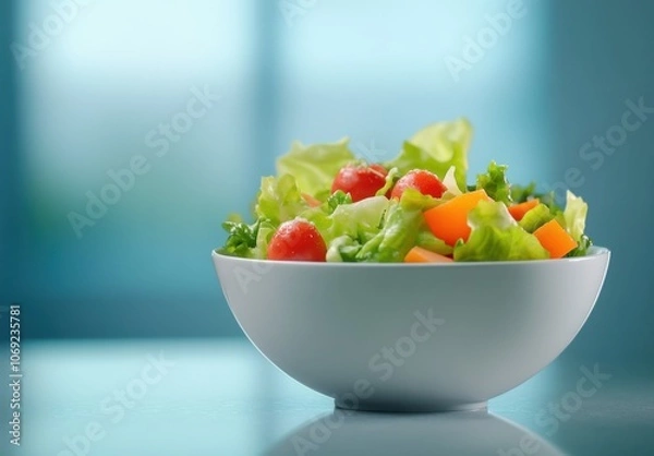 Fototapeta Fresh and colorful salad in a white bowl on a turquoise background
