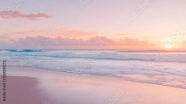 Fototapeta Serene beach at sunrise, gentle waves lapping the shore, and a sky painted with shades of pink, orange, and purple