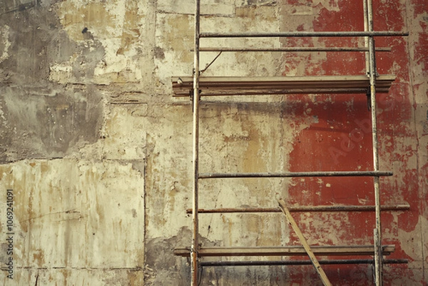 Fototapeta A weathered wall with exposed scaffolding showing faded colors and peeling paint on a worn red and beige surface adding an industrial vintage feel
