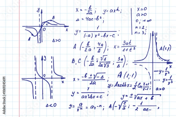 Obraz Vintage scientific and educational background. Mathematical  law theory, outlines and formula equation on notebook page. Vector hand-drawn illustration.