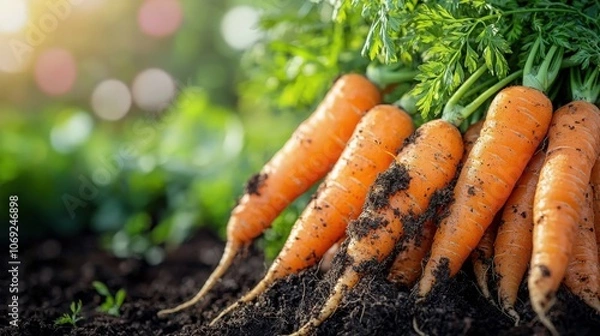 Fototapeta Freshly harvested carrots with soil, sunlight, and greenery in the background