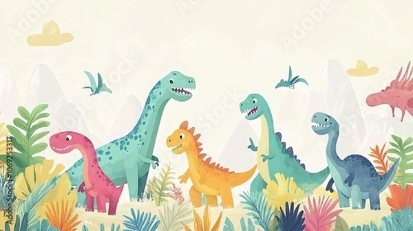 Fototapeta Vibrant wallpaper for young dinosaur enthusiasts, featuring a playful vector-style illustration of a dinosaur-inhabited world, capturing the imagination