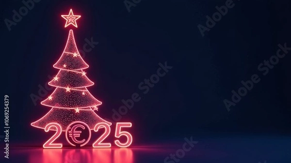 Fototapeta Christmas tree with dollars, euros and the number 2025 on a dark background