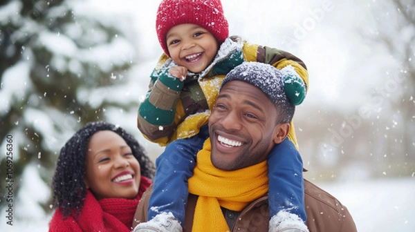 Fototapeta Young Family Enjoys Winter Day in Snowy Park