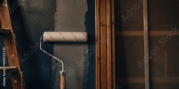 Obraz Dark Blue Wall Being Painted with Roller
