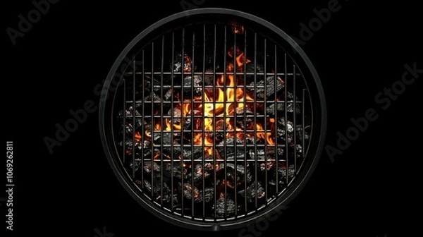 Obraz Close up of a hot charcoal grill with flames