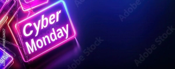 Fototapeta A vibrant, digital-themed image featuring neon signs displaying "Cyber Monday," symbolizing online shopping and holiday sales.