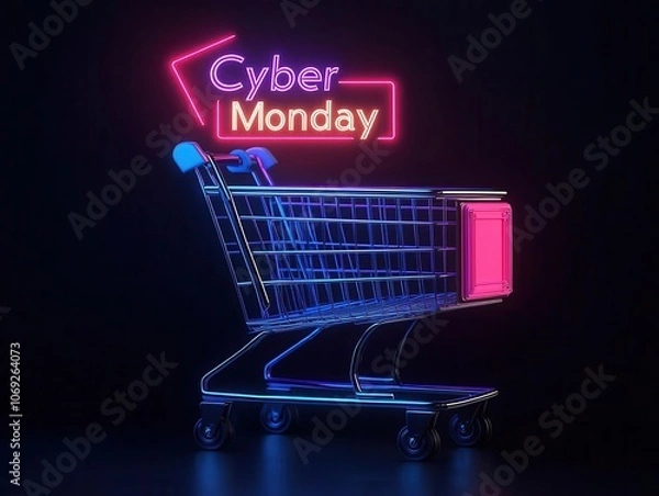 Fototapeta A neon sign reading "Cyber Monday" shines above a metallic shopping cart against a dark background, symbolizing online shopping and sales.
