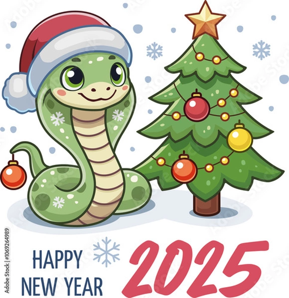 Fototapeta Happy New Year 2025 Card with Cute Snake in Santa Hat and Christmas Tree isolated on white background