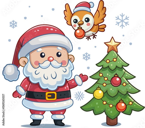 Fototapeta Happy New Year 2025 Card with Cute Snake in Santa Hat and Christmas Tree isolated on white background