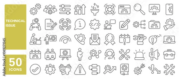 Obraz Set of 50 line icons related to technical issue, support, warning, system, failure, error, problem, alert, gear, Editable stroke. Vector illustration