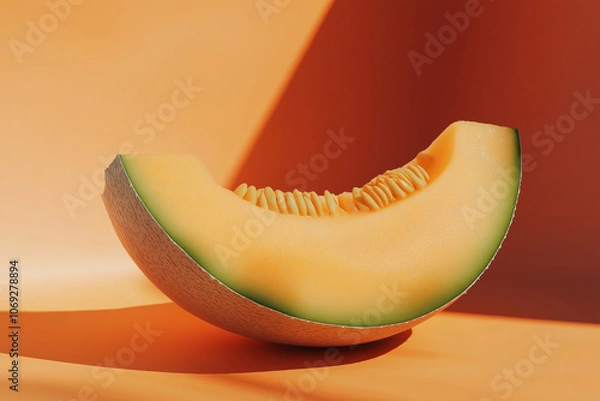 Fototapeta Cantaloupe Slice with Seeds on Soft Orange Background - Sweet Summer Fruit