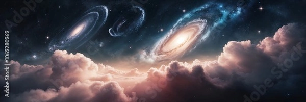 Fototapeta Dreamlike cosmic scene with softly blended galaxy clouds, faint stardust swirls, clusters of small stars,Universe science astronomy,Supernova background wallpaper