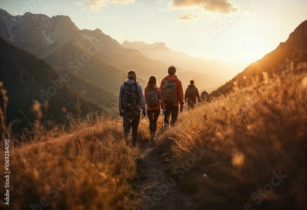 Obraz Group of tourists hikers with backpacks walks in mountains