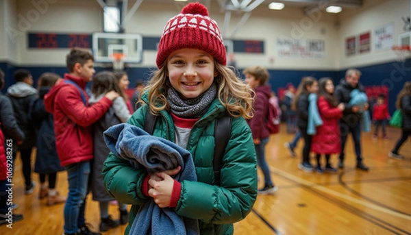 Obraz A group of students enthusiastically organizes a holiday coat drive in their school gym, collecting winter coats and clothing to help families in need stay warm during the colder months.