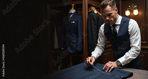 Obraz Bespoke tailor measuring fabric for a custom suit in an elegant studio, capturing luxury and precision in tailoring.